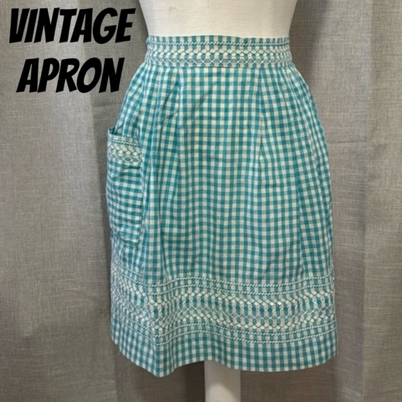 Vintage Apron-Blue/White Gingham Checked-Single Side Pocket - Picture 1 of 13